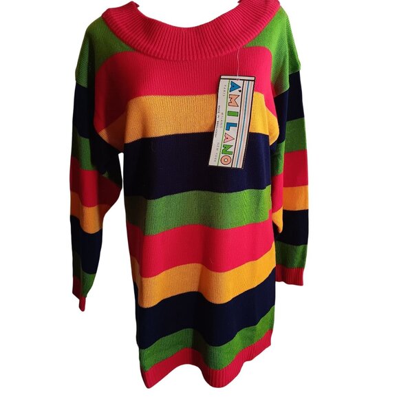 Small Vintage Ámilano Striped Knit Sweater Mini Dress  Long Sleeve Acrylic NWT - Picture 1 of 7